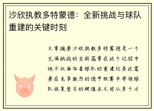 沙欣执教多特蒙德：全新挑战与球队重建的关键时刻