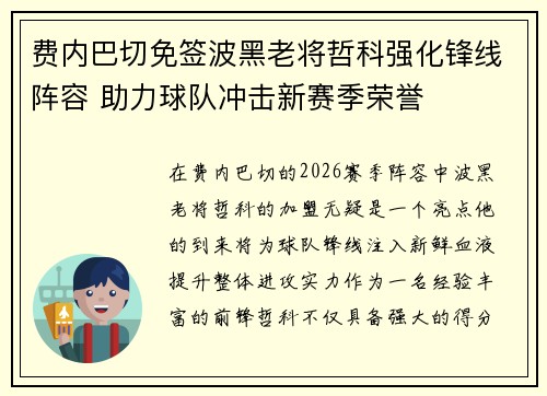 费内巴切免签波黑老将哲科强化锋线阵容 助力球队冲击新赛季荣誉