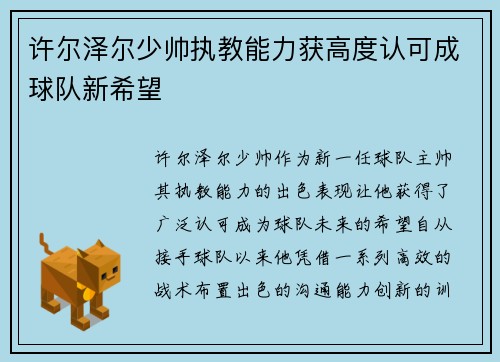 许尔泽尔少帅执教能力获高度认可成球队新希望