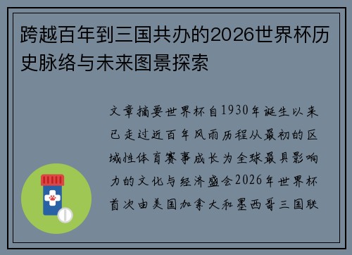 跨越百年到三国共办的2026世界杯历史脉络与未来图景探索